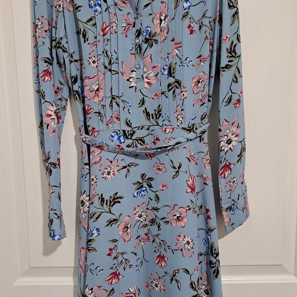 Nanette Lepore Blue + Pink Floral Long Sleeve Dress with tie belt - Picture 2 of 2